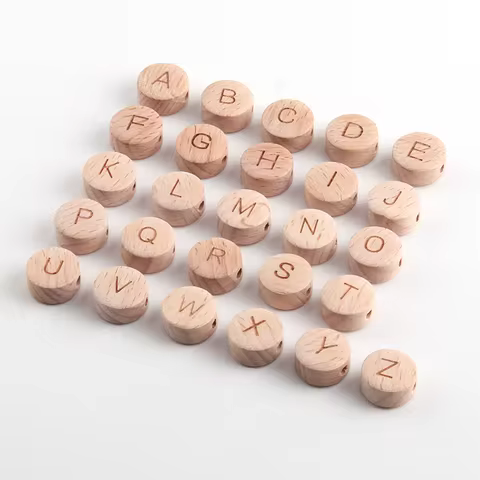 NANA 20pcs Natural Wooden English Alphabet Beads Beech Wood Flat Round Alphabet Letter Beads Outer d