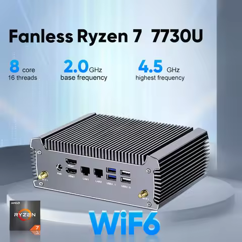 Fanless AMD Mini PC FU02 Ryzen 7 7730U 5825U 4700U 4500U Windows 11 Gaming Computer Dual LAN Firewal