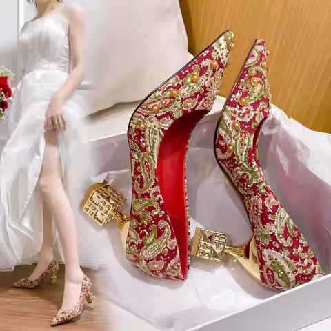 Autumn New Ladies High Heels Pointed Toe Shaped Heel High 5cm and 7cm Wedding Shoes Square Buckle Tr