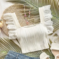 เสื้อยืดผู้หญิง WYWH ผ้าทอสีดำแขนสั้นคอสแควร์ในช่วงวันหยุดฤดูร้อน