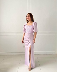 Carnation Modern Filipiniana Maxi Dress – Semi Puffed Sleeves Side Slit Modest Bodycon Gown by Lachi
