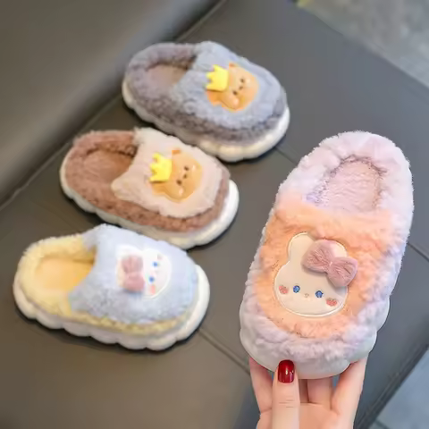 Boys Girls Winter Warm Shoes Kids Cotton Slippers Cartoon Soft Plush Cosy PVC Sole Anti Slip Comfort