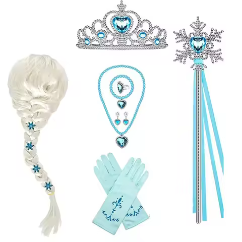 Elsa Princess Accessories Gloves Wand Crown Jewelry Set Elsa Wig Necklace Braid for Princess Dress C