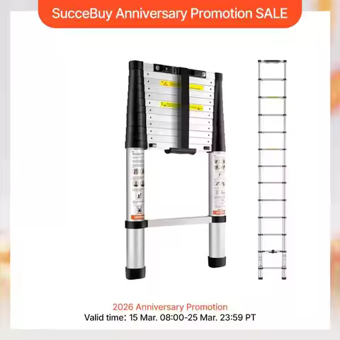 SucceBuy Telescoping Ladder 12.5 FT Aluminum One-Button Retraction Collapsible Extension 375 LBS Cap