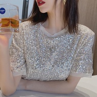 สีเบจประดับด้วยเลื่อมแขนสั้นคอ O กลับแยกเสื้อยืดสบายๆ Emale ฤดูร้อนใหม่ B403