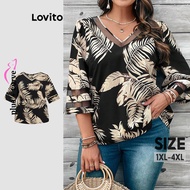 Lovito Plus Size Curve Boho Feather Contrast Mesh Blouse for Women LBL20483