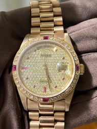 Rolex 勞力士 Day-Date 18038 K18YG黃金 後鑲紅寶石+鑽石 錶圈及錶面 原錶圈面盤保留附贈