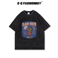 [K-2] SLASH YOUTH HOT FOOD French Fries Washed Short T Trendy Sleeve Top Loose Dropped Shoulders K2 