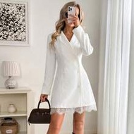 Black Blazer Style Long Sleeve Women's Mini Dress, Double-Breasted, Lace Hem Trim, Suitable For Offi