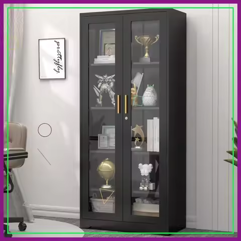 71" Locking Glass Display Cabinet with Adjustable Shelves, Black Metal Curio Case for Liquor & Colle
