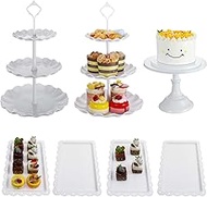 7 Pcs Dessert Table Stand Set, Include 2 Pcs 3-Tier Plastic Cupcake Stands, 1 Pc Metal White Cake St