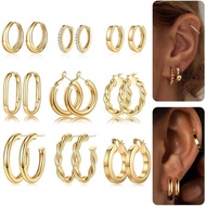 Turandoss 9 Pairs Gold Hoop Earrings for Women, Hypoallergenic Thick Lightweight Earring, 925 Sterli