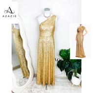 Size S New Azazie Brand Authentic 1 Maxi dress Long One Shoulder Luxury Sparkling Scales Gold Color 