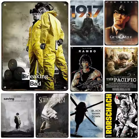 HD Tin Sign Classic Movie Poster Vintage Wall Decor Set - Retro Breaking Bad 1917 Schindler's List A