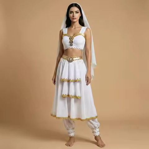 Halloween Ancient Greek Toga Goddesses Costumes Party Egyptian Queen Costume Nefertiti Gold Trims To