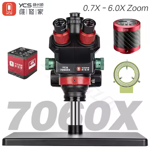 YCS 7060X Ultra HD Trinocular Microscope with Large Base 7-60X Zoom X80 4K Camera for Mobile PhoneS 