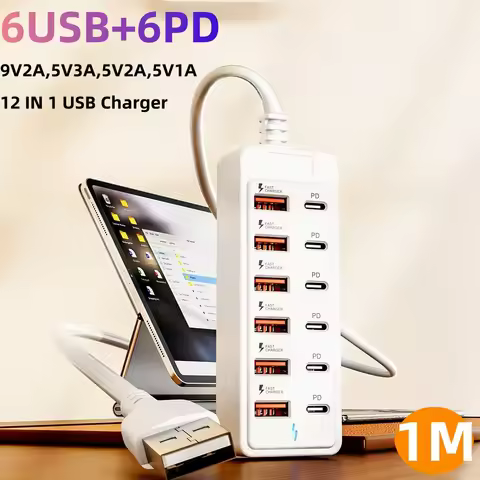 12-in-1 USB C Charging Station 6 USB-A + 6 Type C PD Fast Charger Hub Multi Port Desktop Power Adapt
