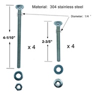 (8Pcs) 304 Stainless Universal Headboard or Footboard Hardware Bolts and Nuts 4 inches 2-1/2'' Long 