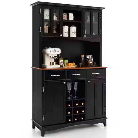 Black Kitchen Hutch Buffet 4 Doors 3 Drawers Adjustable Shelves Wine Grid 44x17x72.5 inch, Customize