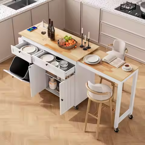 Kitchen Islands with Extendable Dining Table, 81.7" Mobile Kitchen Storage Islands, Rolling Kitchen 