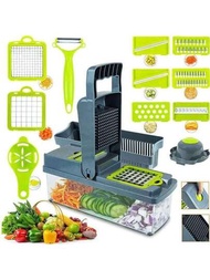 1套多功能手動按壓式蔬菜切片機和切割機,易於將水果和蔬菜切片、切絲、切塊和切碎,廚房必備