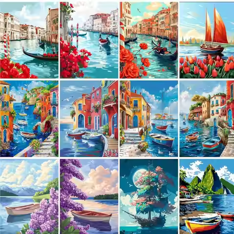 PhotoCustom Oil Painting By Numbers Paint Kit Picture Paint Sailboat Seascape Handmade On Canvas Gif