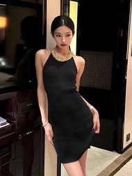 Pure Sensual Sleeveless Heavy Knit Dress Women Elegant Lady French High-End Feeling Wraparound Skirt