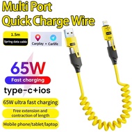 4 In 1 65W Spring Short Data Cable 6A USB Type C Spring Telescopic Quick Charger Wire Spring USB Cab