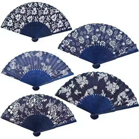 Chinese Style Blue Fabric Hand Folding Fan Cool Summer Classical Flower Design Wedding Party Favor D
