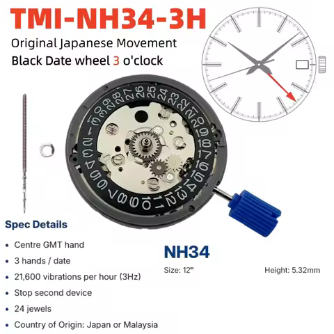 NH34 NH34A Mechanical Movement Black Datewheel At 3.0/3.8/6/9 O'clock Automatic Mechanism Japan Orig