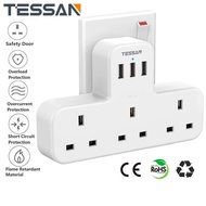 TESSAN TS223 3 Way Extension Plug Power Socket With 3 USB Port Output 3A Fast Charging Adaport Wall Socket  Extension Plug  13A UK 3 Pin Extension Power Socket （White）