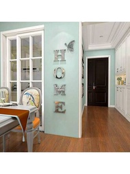 1個3d家庭標誌字母牆飾,鄉村小屋牆面裝飾,帶亞克力鏡子的蝴蝶鏡壁貼,適用於客廳、臥室和廚房