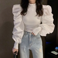 🍄Ready Stock 2023 Women Korean Style Knitted Stitching Puff Sleeve Long Sleeve Shirt Plus Size White Blouse Putih Labuh Blause Wanita Baju Kemeja Perempuan