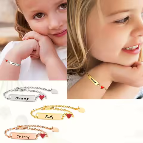 Customized Heart Bracelet for Little Girl Boy, Engravable ID Name Bracelet, Personalized Stainless S