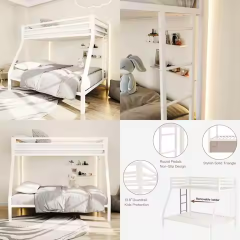 twin over full metal loft bunk bed with safety rail and ladder, space-saving bedroom furniture