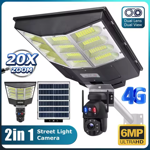 SHIWOJIA 6MP 20X ZOOM Solar Camera with Solar Street Lights 4G SIM Outdoor 360° WIFI Solar Security