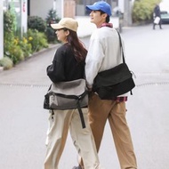 日系復古帆布斜孭袋 大容量學生休閒單肩袋 男裝簡約風- 黑色 均碼