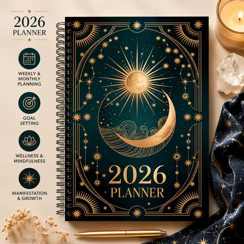 2026 Celestial Planner – Moon & Stars Spiral Notebook for Daily Goals, Manifestation & Organization