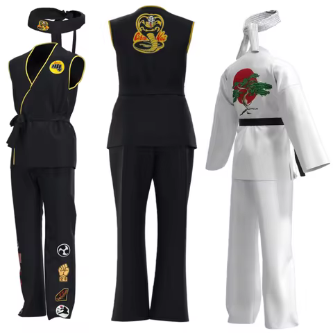Karate Kid KOF Cobra Kai Cosplay Costume Black White Kimono Uniform with Headband for Kids And Adult