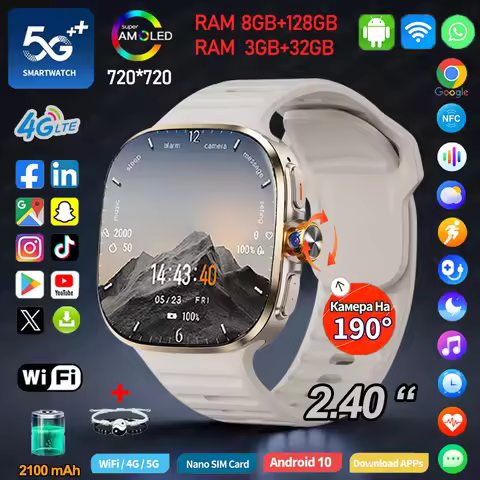 5G/4G Android 10 Smart Watch GPS WIFI 2.40 inch AMOLED 8GB+128GB RAM 2100mah Battery 900W Camera Goo