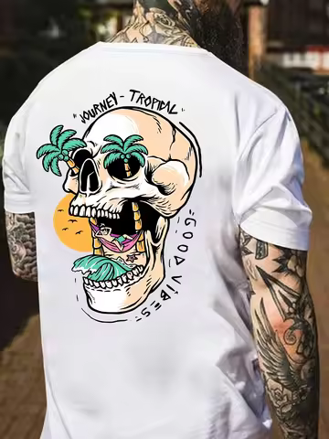 Vibrant Tropical Skull Tee with Palm Tree Eyes and Beach Scene Print 100% Cotton Men's T-shirt Summe