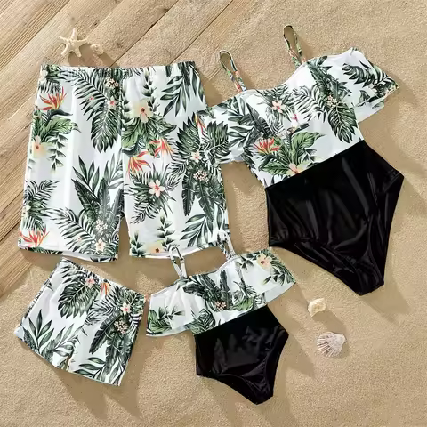 PatPat Summer Family Matching Swimsuit One Piece Plant Flounce Plumeria Print Family Matching Swimsu