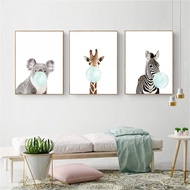Cute Blue Bubble Gum Animal Zebra Giraffe Koala Canvas Art Abstract Painting Print Poster Picture Wa