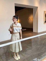 GISELLE COTTON SKIRT (Cream•Brown)กระโปรงจับจีบวินเทจ