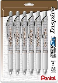 Pentel EnerGel Inspire Full Collection, Retractable Liquid Gel Ink Pen, (0.7mm) Medium Line, Black Ink 6 Pack White and Gold Barrel BL77INSP_6
