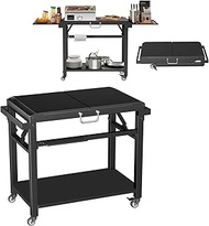 Upgrade Folding Grill Cart, Outdoor Grill Table, Large Space Dining Cart Table Grill Stand for Blackstone Griddle, Ooni Pizza Oven, Ninja Grill etc, Outdoor BBQ Prep Table