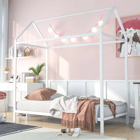 House Bed Frame Twin Size , Kids Bed Frame Metal Platform Bed Floor Bed for Kids Boys Girls No Box S