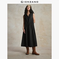 GIORDANO Women Dresses Ruffle V-Neck Black Denim Dresses Drawstring Waist Sleeveless Chic Fashion Ca