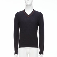 GUCCI navy 100% wool green red web v neck long sleeve sweater M