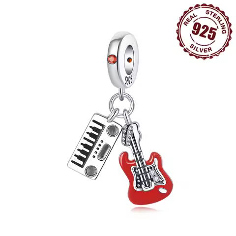 925 Sterling Silver Electronic Organ Red Guitar Pendants Bracelet Charms Fit Women Jewelry Party Bea